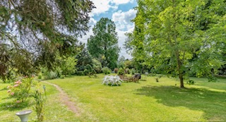 Pelouse du parc bordée d'arbres, salon de jardin installé à l'ombre